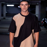 Beige Black Abstract Oversized Tee